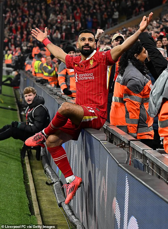 LIVERPOOL, ENGLAND - NOVEMBER 09: (THE SUN OUT, THE SUN ON SUNDAY OUT) Mohamed Salah of Liverpool celebrating after scoring the second goal during the Premier League match between Liverpool FC and Aston Villa FC at Anfield on November 09, 2024 in Liverpool, England. (Photo by John Powell/Liverpool FC via Getty Images)