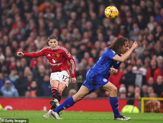 MANCHESTER, ENGLAND - NOVEMBER 10:  Alejandro Garnacho of Manchester United scores a goal to make it 3-0 during the Premier League match between Manchester United FC and Leicester City FC at Old Trafford on November 10, 2024 in Manchester, England. (Photo by Robbie Jay Barratt - AMA/Getty Images)