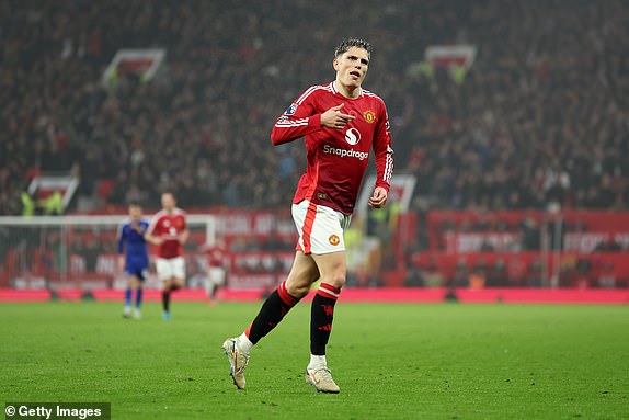 MANCHESTER, ENGLAND - NOVEMBER 10: Alejandro Garnacho of Manchester United celebrates scoring his team's third goal during the Premier League match between Manchester United FC and Leicester City FC at Old Trafford on November 10, 2024 in Manchester, England. (Photo by Carl Recine/Getty Images)