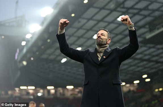 MANCHESTER, ENGLAND - NOVEMBER 10: Ruud van Nistelrooy, Interim Head Coach of Manchester United, celebrates after the team's victory in the Premier League match between Manchester United FC and Leicester City FC at Old Trafford on November 10, 2024 in Manchester, England. (Photo by Carl Recine/Getty Images)