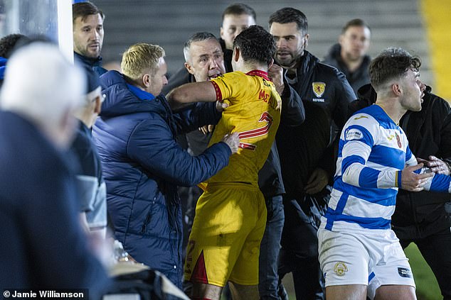 Morton boss Dougie Imrie is involved in a flashpoint with Nick McAllister of Ayr United