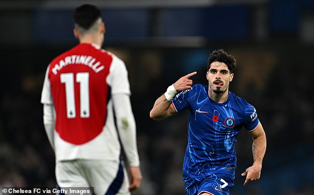 Neto pictured celebrating his goal next to Gunners scorer Martinelli at Stamford Bridge