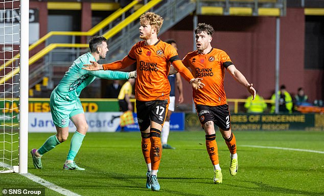 Luca Stephenson celebrates scoring his third goal of the season at Tannadice on Saturday