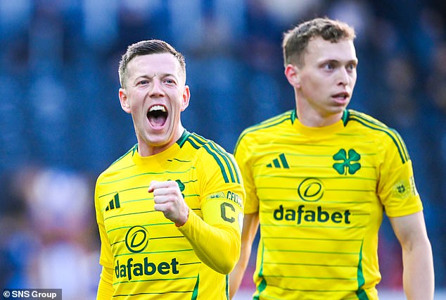 Celtic's Callum McGregor celebrates his goal against Killie as Alastair Johnston looks on