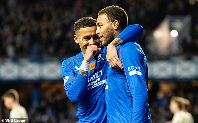 James Tavernier congratulates Cyriel Dessers on scoring the only goal against Hearts