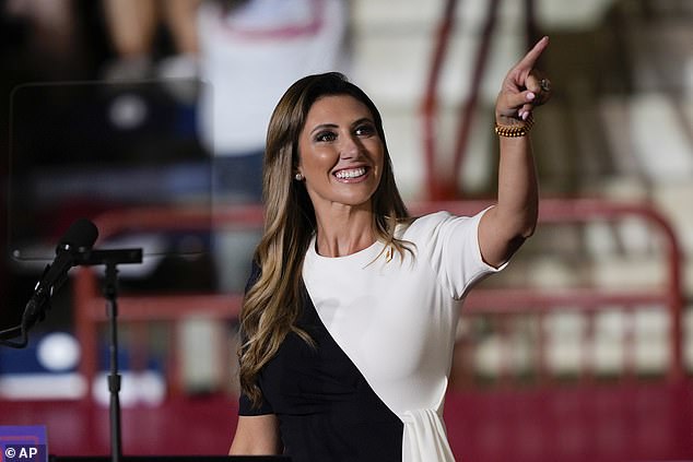 Alina Habba, gestures to the crowd as she is introduced at a campaign event for Republican presidential candidate former President Donald Trump in Harrisburg, Pa., Wednesday, July 31, 2024