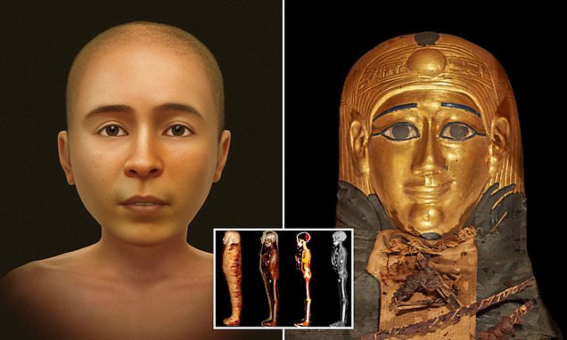 'Golden boy' mummy is revealed after 2,300 years: Scientists recreate the true face of a