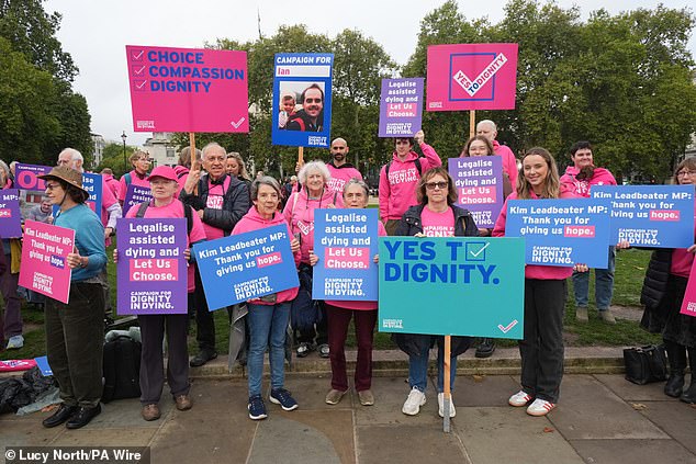 Dignity in Dying campaigners gather in Parliament Square, central London, in support of the "assisted dying bill'