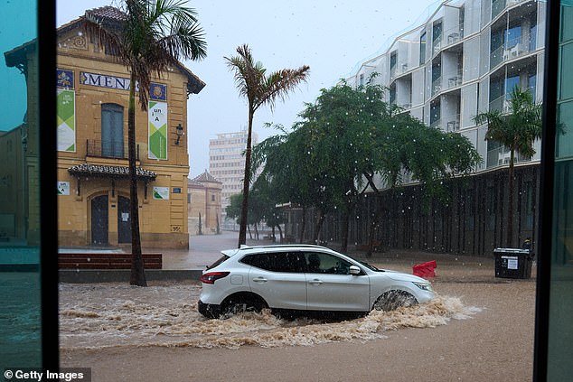 A general view during a heavy rainstorm near to El Perchel quarter on November 13, 2024 in Malaga