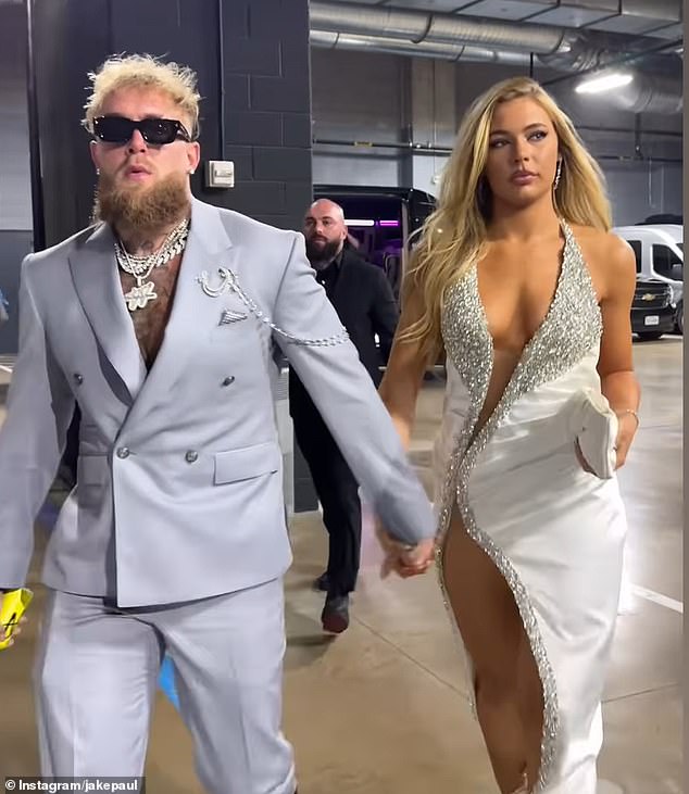 Paul pictured arriving at AT&T Stadium with girlfriend Jutta Leerdam before Friday's fight