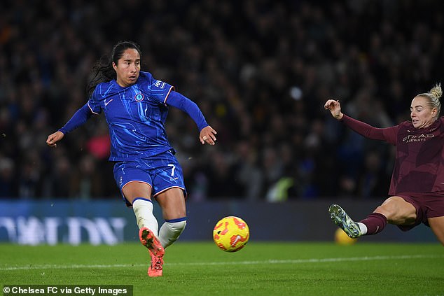 Mayra Ramirez (left) opened the scoring at Stamford Bridge with a superb solo run