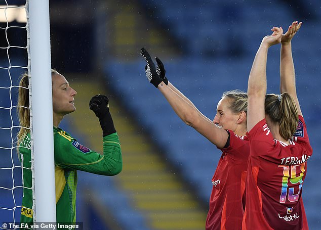 Manchester United stars Elisabeth Terland (right) and Millie Turner (left) have been slammed for an incident in the side's 2-0 win over Leicester