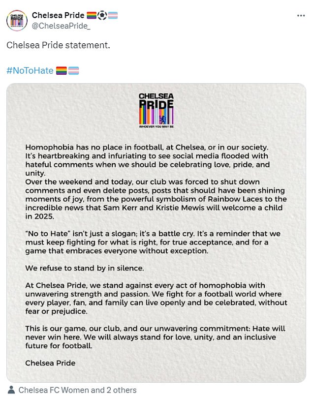 A Chelsea LGBTQ+ group has hit out at the abuse the football stars have received online