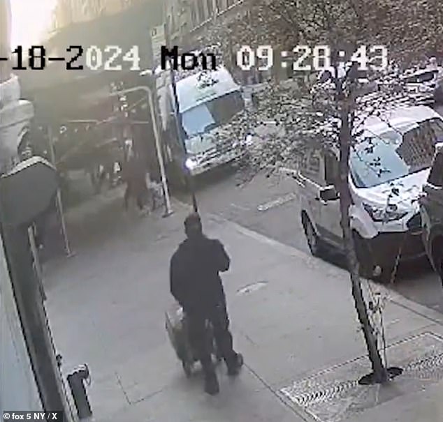 Terrifying video footage captured the moment three people were crushed underneath scaffolding that collapsed on a sidewalk in Chelsea, New York on Monday morning