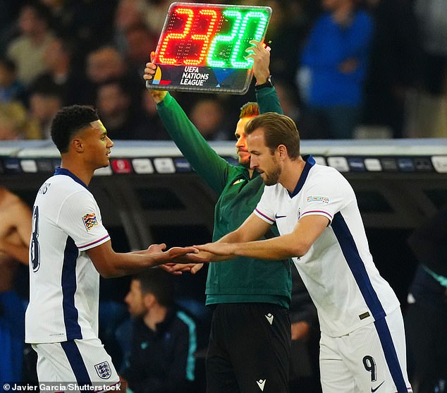 Kane had replaced Ollie Watkins (left) as a sub in a 3-0 win over Greece three days earlier