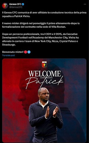 The Italian club gave Vieira a warm welcome on social platform X