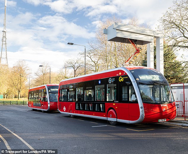 The fleet of 20 buses are being recharged with pantographs at each end of the 15-mile route 358 between Crystal Palace and Orpington in the south-east of the capital