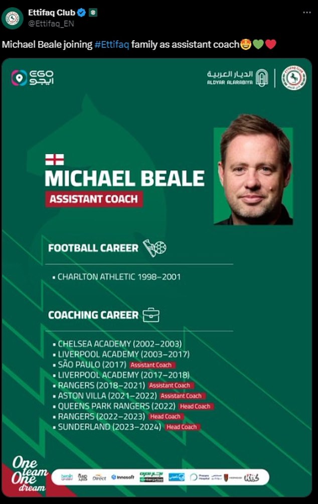 News of Beale's appointment was confirmed by the Saudi Pro League club on Wednesday night