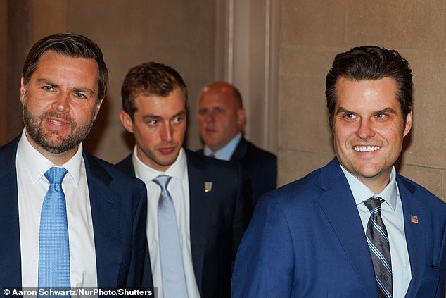 Matt Gaetz mets with Vice President-elect JD Vance and senators in the Capitol in Washington, D.C. on Wednesday