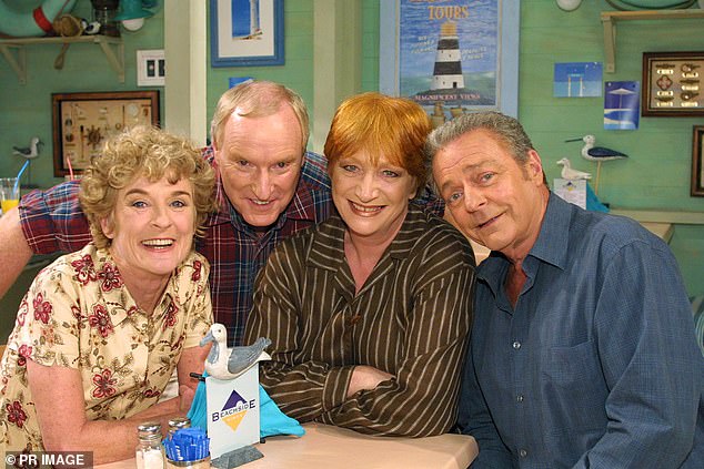 Judy is best known for her legendary Home and Away role, playing Ailsa in an astonishing 1313 episodes. Also pictured are Ray Meagher, Cornelia Francis, and Norman Coburn