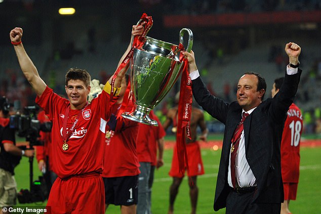 Benitez and Steven Gerrard (left) won the Champions League together at Liverpool