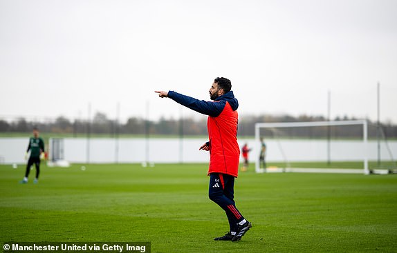 MANCHESTER, ENGLAND - NOVEMBER 18: Ruben Amorim, Manager of Manchester United reacts during the Manchester United training session at Carrington Training Ground on November 18, 2024 in Manchester, England. (Photo by Ash Donelon/Manchester United via Getty Images)