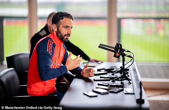 MANCHESTER, ENGLAND - NOVEMBER 22: (EXCLUSIVE COVERAGE) Head Coach Ruben Amorim of Manchester United speaks during a press conference at Carrington Training Ground on November 22, 2024 in Manchester, England. (Photo by Ash Donelon/Manchester United via Getty Images)