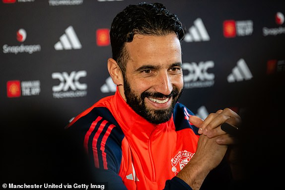 MANCHESTER, ENGLAND - NOVEMBER 22: (EXCLUSIVE COVERAGE) Head Coach Ruben Amorim of Manchester United speaks during a press conference at Carrington Training Ground on November 22, 2024 in Manchester, England. (Photo by Ash Donelon/Manchester United via Getty Images)