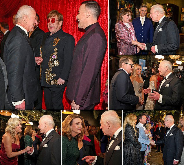 Charles' solo night at the Royal Variety Performance: Beaming King laughs with Elton John