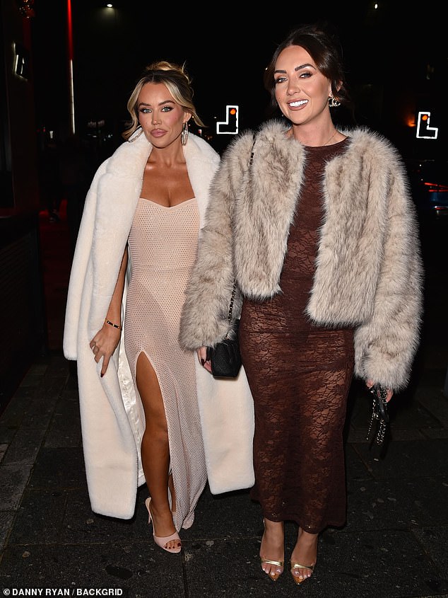 Jess White, 25, enhanced her slender frame in a brown laced skintight dress and wrapped up in a faux fur coat