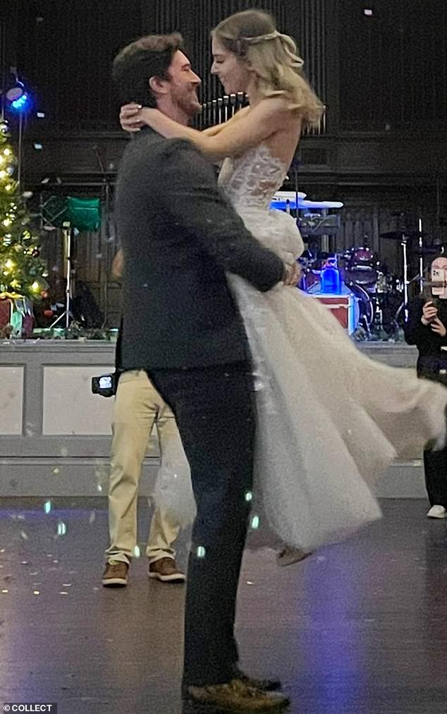 Chelsea, a 29-year-old bride, was attempting to fly back to New York City after her countryside wedding in Tunbridge Wells, Kent. Pictured: Chelsea dancing with her husband at their wedding