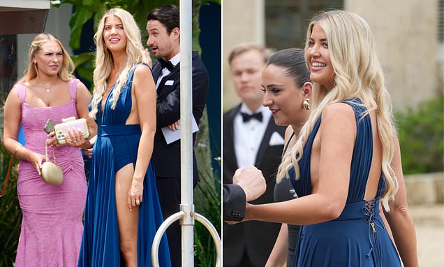 Anna McEvoy upstages the bride as she goes braless in a racy blue dress at Tammy Hembrow's