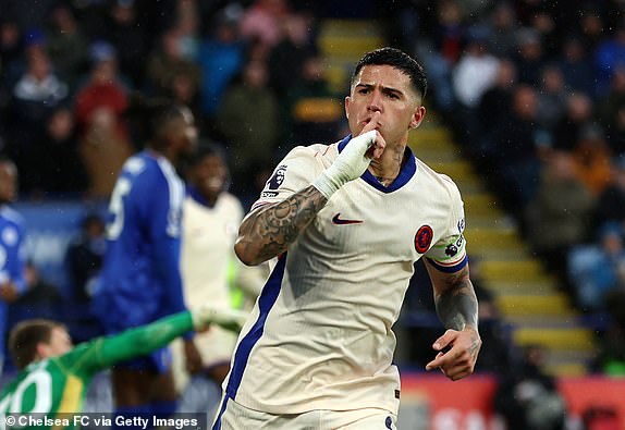 LEICESTER, ENGLAND - NOVEMBER 23: Enzo Fernandez of Chelsea celebrates scoring his team's second goal during the Premier League match between Leicester City FC and Chelsea FC at The King Power Stadium on November 23, 2024 in Leicester, England. (Photo by Chris Lee - Chelsea FC/Chelsea FC via Getty Images)