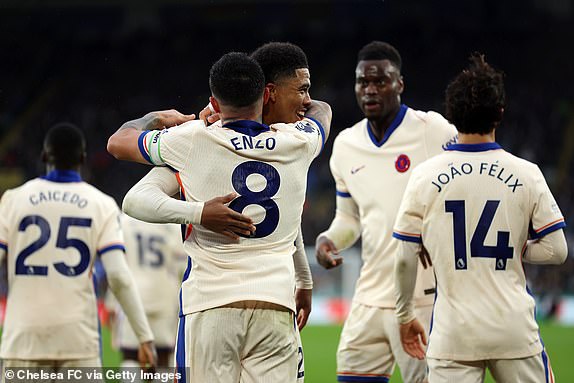 LEICESTER, ENGLAND - NOVEMBER 23: Enzo Fernandez of Chelsea celebrates with teammate Wesley Fofana after scoring his team's second goal during the Premier League match between Leicester City FC and Chelsea FC at The King Power Stadium on November 23, 2024 in Leicester, England. (Photo by Chris Lee - Chelsea FC/Chelsea FC via Getty Images)