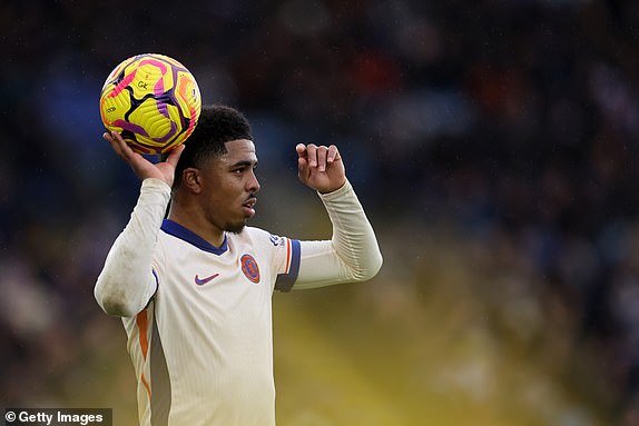 LEICESTER, ENGLAND - NOVEMBER 23: Wesley Fofana of Chelsea takes a throw in during the Premier League match between Leicester City FC and Chelsea FC at The King Power Stadium on November 23, 2024 in Leicester, England. (Photo by Catherine Ivill - AMA/Getty Images)