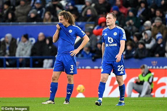 LEICESTER, ENGLAND - NOVEMBER 23: Wout Faes of Leicester City looks dejected after Enzo Fernandez of Chelsea (not pictured) scores his team's second goal during the Premier League match between Leicester City FC and Chelsea FC at The King Power Stadium on November 23, 2024 in Leicester, England. (Photo by Michael Regan/Getty Images)