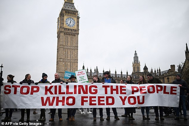 Speaking out: The farmers' banner at the protest outside Parliament