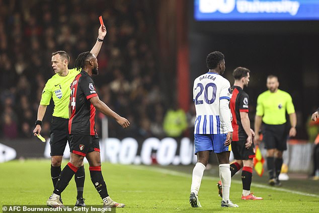 Carlos Baleba was handed his marching orders just before the hour mark against Bournemouth