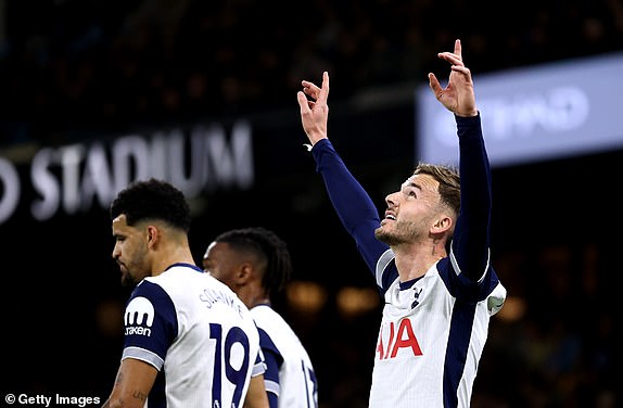 MANCHESTER, ENGLAND - NOVEMBER 23: James Maddison of Tottenham Hotspur celebrates scoring his team's first goal during the Premier League match between Manchester City FC and Tottenham Hotspur FC at Etihad Stadium on November 23, 2024 in Manchester, England. (Photo by Naomi Baker/Getty Images)