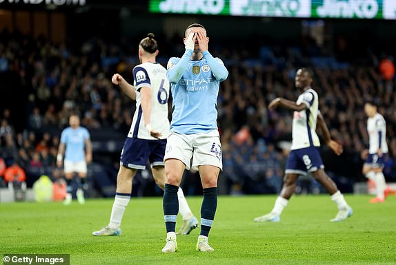 MANCHESTER, ENGLAND - NOVEMBER 23: Phil Foden of Manchester City looks dejected after missing a chance during the Premier League match between Manchester City FC and Tottenham Hotspur FC at Etihad Stadium on November 23, 2024 in Manchester, England. (Photo by Carl Recine/Getty Images)