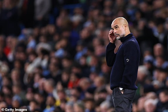 MANCHESTER, ENGLAND - NOVEMBER 23: Pep Guardiola manager of Manchester City looks on during the Premier League match between Manchester City FC and Tottenham Hotspur FC at Etihad Stadium on November 23, 2024 in Manchester, England. (Photo by Robbie Jay Barratt - AMA/Getty Images)