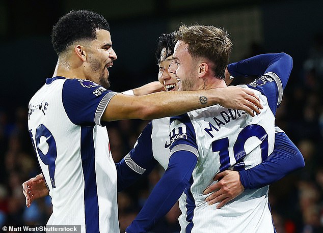 No 10 Maddison celebrated his second goal with Dominic Solanke (left) and Son Heung-min