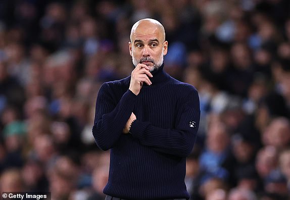 MANCHESTER, ENGLAND - NOVEMBER 23: Pep Guardiola manager of Manchester City looks on during the Premier League match between Manchester City FC and Tottenham Hotspur FC at Etihad Stadium on November 23, 2024 in Manchester, England. (Photo by Robbie Jay Barratt - AMA/Getty Images)