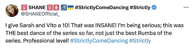 Sharing their thoughts to X, viewers wrote: 'THAT'S WHY SARAH HADLAND IS MY WINNER!!!!! WHAT A DANCE!'; 'Sarah for the win! Then send Vito round to mine'