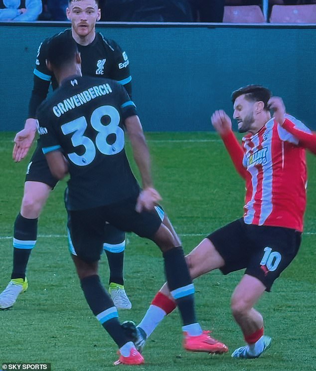 Adam Lallana (right) was shown a yellow card for a bad foul on Ryan Gravenberch on Sunday