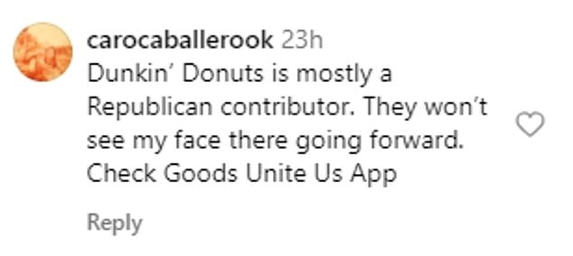 Fans flooded the comments section with praise for the Harvard Law School graduate - and the Dunkin' Donuts official account even chimed in - while one person pointed out that Dunkin' is mostly a Republican donor, per the Goods Unite Us political donation tracking app