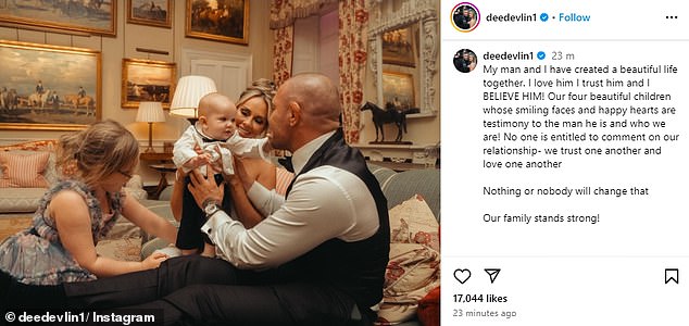 Posting a family snap of McGregor and Devlin with two of their four children, she said: 'I love him I trust him and I BELIEVE HIM!'