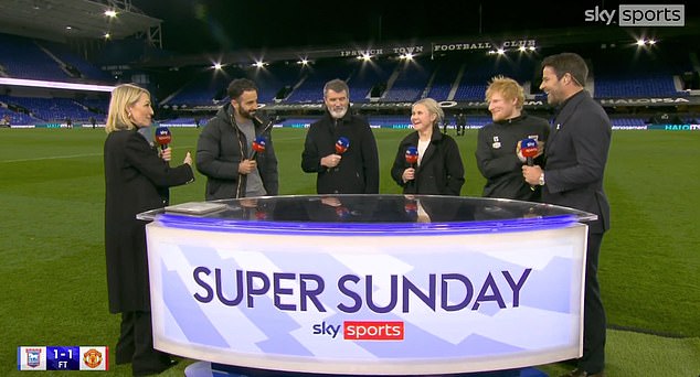 Sheeran interrupted the live segment on Sky Sports after Manchester United's draw at Ipswich