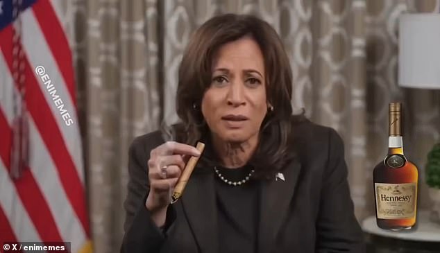 One user put a cigar into the failed 2024 candidate's hand and a bottle of Hennessy next to her on the table