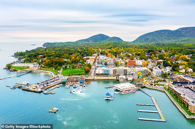 Aerial view of Bar Harbor, Maine. Bar Harbor is a town on Mount Desert Island in Hancock County, Maine and a popular tourist destination